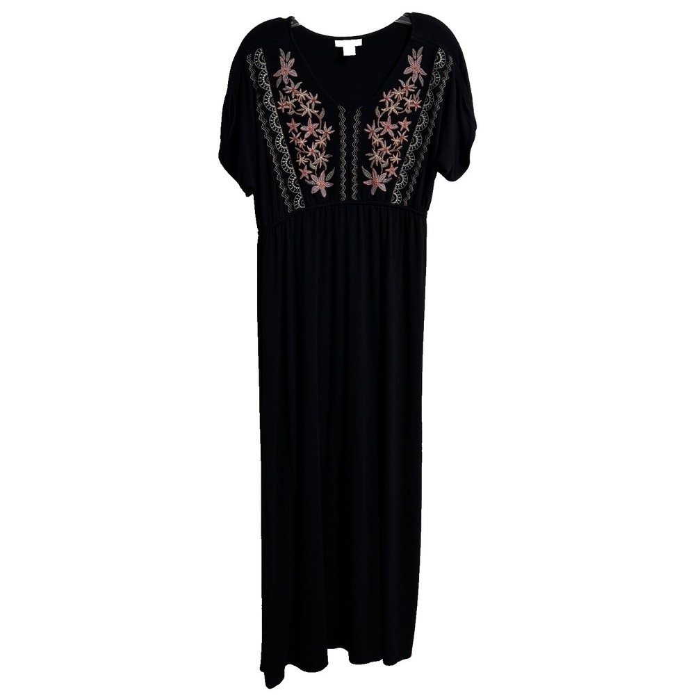 Style Co Dress Womens M Black Embroidered Boho Floral Maxi Short Sleeve‎ Casual